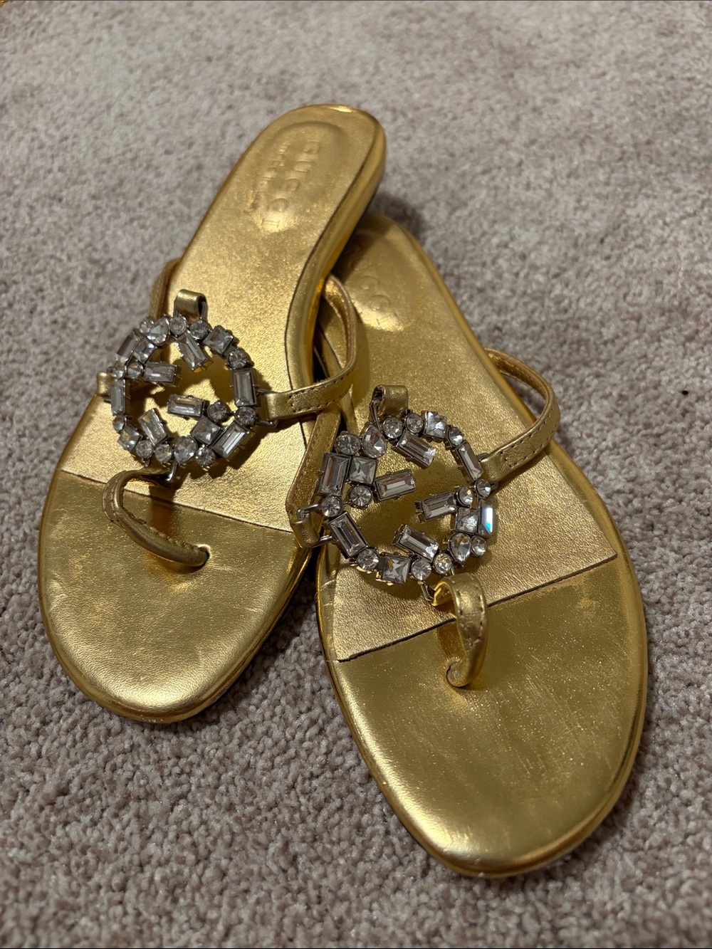 Gucci Metallic Gold Crystal Interlocking G Thong Sandal Slides